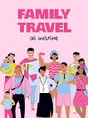 All inclusive family travel poster with cartoon people on summer vacation
