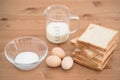 All Ingredients for french toast preparation eggs milk bread and