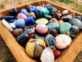 All Colour Colors Gemstone Polished Hand Palmstones Rocks in wooden Box Near Water Spiritual