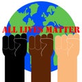 All lives matter. Quote, text, slogan. Poster, banner, flyer with raised up arms and fists. Vector Illustration. Royalty Free Stock Photo