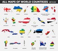 All maps of world countries and flags . Set 9 of 10 . Collection of outline shape of international country map with shadow . Flat