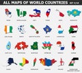 All maps of world countries and flags . Set 4 of 10 . Collection of outline shape of international country map with shadow . Flat