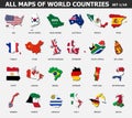 All maps of world countries and flags . Set 1 of 10 . Collection of outline shape of international country map with shadow . Flat