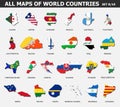 All maps of world countries and flags . Set 8 of 10 . Collection of outline shape of international country map with shadow . Flat Royalty Free Stock Photo