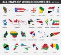 All maps of world countries and flags . Set 7 of 10 . Collection of outline shape of international country map with shadow . Flat