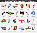 All maps of world countries and flags . Set 6 of 10 . Collection of outline shape of international country map with shadow . Flat Royalty Free Stock Photo