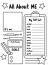 All about me. Writing prompt for kids. Educational children page. Back to school theme