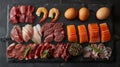 Large Tray of Meat, Fish and Eggs Platter Overhead. Generative AI Royalty Free Stock Photo