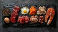 Salmon, Meat, Fish and Eggs Platter Overhead. Generative AI Royalty Free Stock Photo