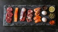 Beautiful Spread of Meat, Fish and Eggs Platter Overhead. Generative AI Royalty Free Stock Photo