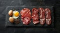 Grey Platter of Meat, Fish and Eggs Platter Overhead. Generative AI Royalty Free Stock Photo