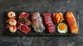 Slate Slab of Meat, Fish and Eggs Platter Overhead. Generative AI Royalty Free Stock Photo