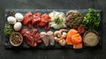 Colorful Display of Meat, Fish and Eggs Platter Overhead. Generative AI Royalty Free Stock Photo
