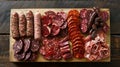 Sausages and Meats Platter Overhead. Generative AI Royalty Free Stock Photo