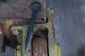 All-metal knife on the towbar of the machine. War machine and knife Royalty Free Stock Photo