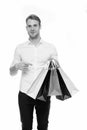 All mine. Birthday gifts arrived on time. Guy satisfied got bag gift. Man happy received package gift isolated white Royalty Free Stock Photo