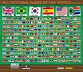 All national flags of the world on realistic green color chalkboard background . Country flag with name was attached by adhesive