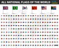 All national flags of the world . Realistic waving fabric with flagpole and shadow design . Vector