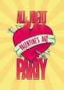 All night Valentine party design with burning heart.