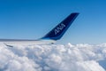 All Nippon Airways ( ANA ) Airplane wing with blue sky white clouds horizon Royalty Free Stock Photo