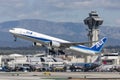 All Nippon Airways ANA Boeing 777 aircraft taking off from Los Angeles International Airport. Royalty Free Stock Photo