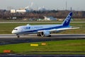 All Nippon Airways ANA Boeing 787 Dreamliner passenger plane arriving at Dusseldorf Airport. Royalty Free Stock Photo