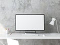 All in One Desktop Computer Mockup on white table, Royalty Free Stock Photo