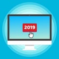 All in one PC monitor device with red button 2019 and cursor hand pointer icon sign push the button with finger.