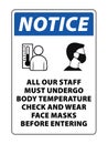 Notice face masks required and body temperature sign vector face covering sign