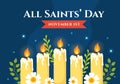 All Saints Day Vector Illustration on 1st November with for the All Souls Remembrance Celebration with Candles in Flat Cartoon Royalty Free Stock Photo