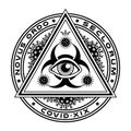 The all-seeing eye,  biohazard symbol, the pyramid is covered with particles of coronavirus. Royalty Free Stock Photo