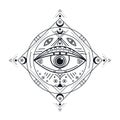 All seeing eye. Black illuminati symbol, providence eyed emblem. Isolated vintage protection occult tattoo. Esoteric