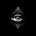 All-seeing eye dotwork tattoo with dots shading, depth illusion, tippling tattoo. Hand drawing white emblem on black