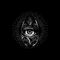 All-seeing eye dotwork tattoo with dots shading, depth illusion, tippling tattoo. Hand drawing white emblem on black Royalty Free Stock Photo