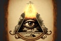 All seeing eye freemason symbol in triangle, creative digital illustration painting