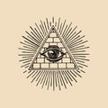 All-seeing eye. Freemasonry pyramid vector illustration. Engraving masonic logo, emblem. Royalty Free Stock Photo