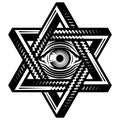 All-seeing eye of God in hexagon or star of David. Sacred symbol in a stylized triangle against the background of diverging rays. Royalty Free Stock Photo