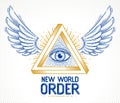 All seeing eye of god in sacred geometry triangle with bird wings of falcon or angel, masonry and illuminati symbol, vector logo