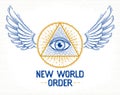 All seeing eye of god in sacred geometry triangle with bird wings of falcon or angel, masonry and illuminati symbol, vector logo