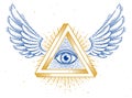 All seeing eye of god in sacred geometry triangle with bird wings of falcon or angel, masonry and illuminati symbol, vector logo