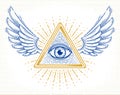 All seeing eye of god in sacred geometry triangle with bird wings of falcon or angel, masonry and illuminati symbol, vector logo Royalty Free Stock Photo