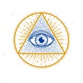 All seeing eye of god in sacred geometry triangle, masonry and illuminati symbol, vector logo or emblem design element