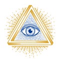 All seeing eye of god in sacred geometry triangle, masonry and illuminati symbol.