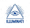 All seeing eye of god in sacred geometry triangle, masonry and illuminati symbol, vector logo or emblem design Royalty Free Stock Photo