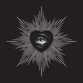 All seeing eye of God in sacred heart with rays of light sunburst hand drawn isolated vector illustration. Black work, flash Royalty Free Stock Photo