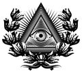 All-seeing eye of God. Sacred symbol in a stylized triangle against the background of diverging rays. Vector monochrome Royalty Free Stock Photo