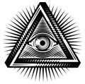 All-seeing eye of God. Sacred symbol in a stylized triangle against the background of diverging rays. Vector monochrome Royalty Free Stock Photo