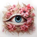 All Seeing Eye With Pink Flowers, Poster Print, Tattoo Design