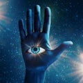 All seeing eye in palm of human hand