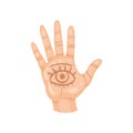 All-seeing eye on the palm. Open human hand with spiritual symbol. Divination theme. Flat vector design Royalty Free Stock Photo